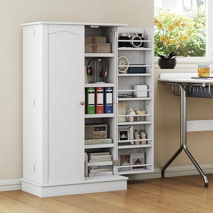 HOMCOM 41" Kitchen Pantry Storage Cabinet, Freestanding Kitchen Cabinet with 12 Door Shelves, Double Doors, 5-Tier Shelving and Adjustable Shelves, White