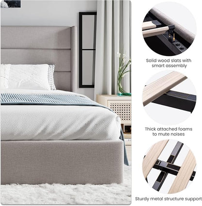 SHA CERLIN King Size Lift Up Storage Bed/Modern Wingback Headboard/Upholstered Platform Bed Frame/Hydraulic Storage/No Box Spring Needed/Wood Slats Support/Light Beige