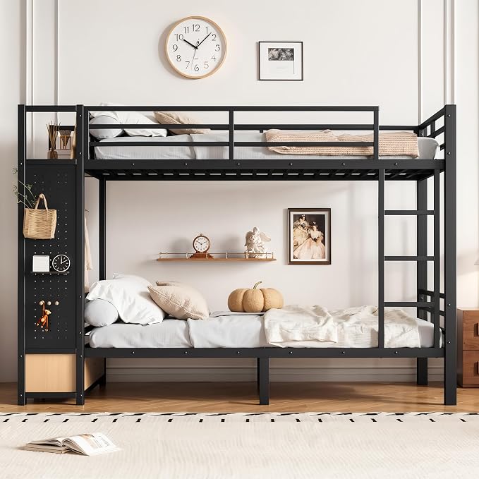 DNYN Twin XL Over Twin XL Metal Bunk Bed with 2 Drawers and Built-in Wardrobe for Teens Bedroom/Dorm/Staff Housing, Space-Saving Bed Frame with Storage Shelves and Pegboard, No Box Spring Needed