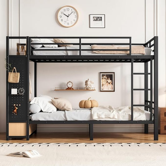 DNYN Twin XL Over Twin XL Metal Bunk Bed with 2 Drawers and Built-in Wardrobe for Teens Bedroom/Dorm/Staff Housing, Space-Saving Bed Frame with Storage Shelves and Pegboard, No Box Spring Needed
