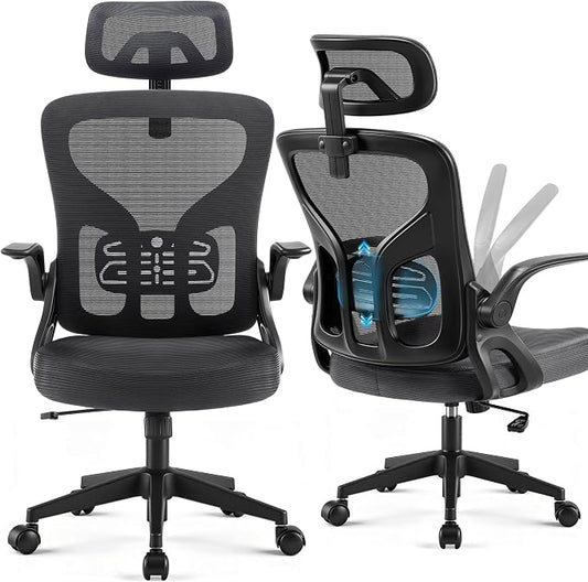 Office Chair Ergonomic Desk Chair with Adjustable Headrest Lumbar Support, High Back Breathable Mesh Chair with 120° Tilt & Flip-Up Armrests, Swivel Comfy Task Computer Chair for Work, Study