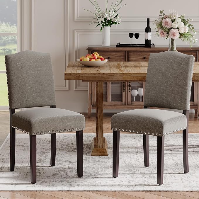 Upholstered Parsons Dining Chairs Set of 2, Modern Dining Room Chairs with Back, Fabric Kitchen Side Chairs with Wood Legs, Nailhead Trim for Dinner Farmhouse Restaurant, Taupe