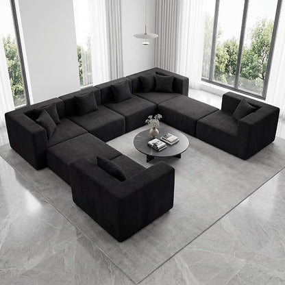 MONVANE Modular Sectional Sofa, Oversized 8 Seat Convertible U Shaped Couch with Ottoman, Comfy Teddy Velvet Cloud Couch with Deep Seat, Sectional Couches for Living Room, No Assembly Required, Black