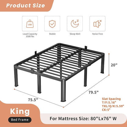VIPSHOW 20 Inch King Heavy Duty 3500 lbs Bed Frame with Round-Corner Legs & Anti-Squeak Design – Quick Assembly Metal Platform, No Box Spring Needed