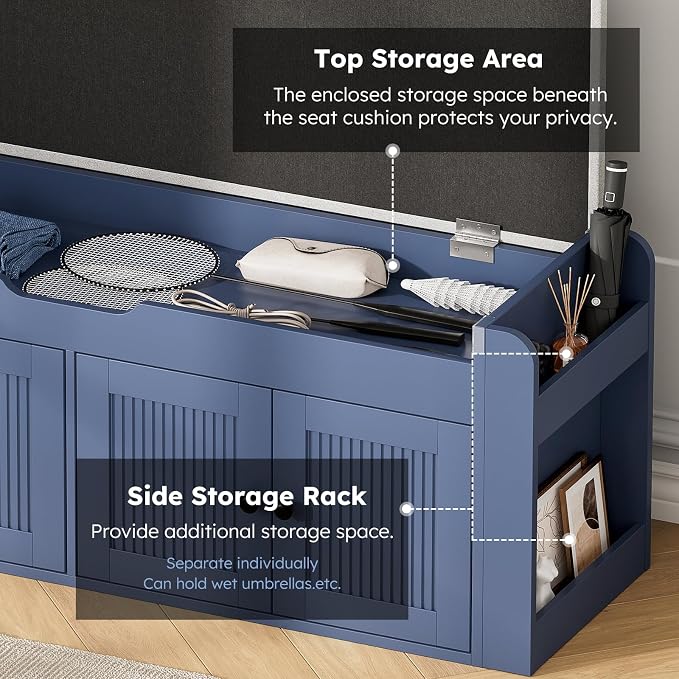 47.2" Storage Bench - Entryway Shoe Bench with Side Storage Shelves and 4 Doors, Multifunctional Entryway Bench with Lift Top Cushion, Shoe Storage Bench for Bedroom, Living Room, Navy Blue