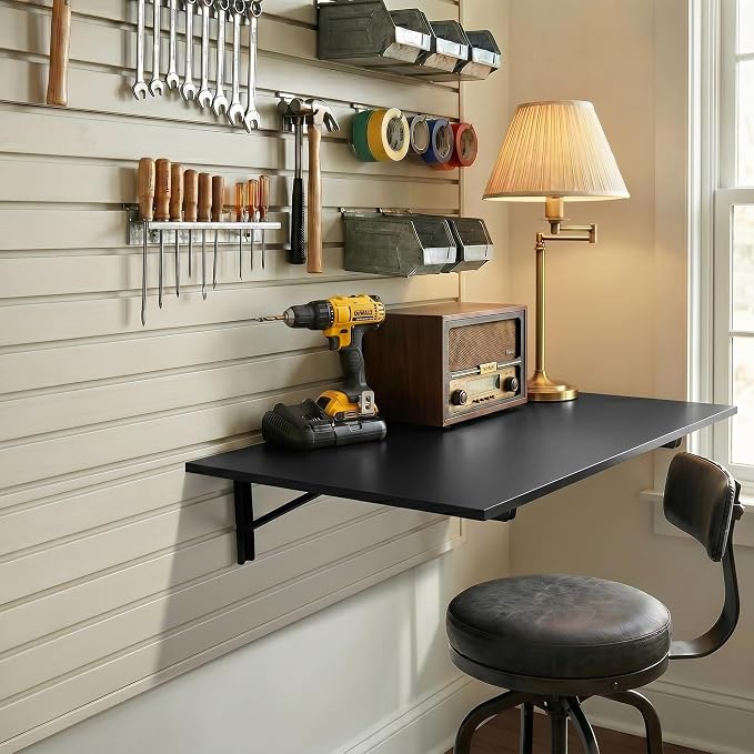 GOYLSER Wall Mounted Desk Folding Table Laundry Fold Table, Fold Down Work Bench, Foldable Mount Station for Floating Bar, Office, Dining Room, Kitchen, Black, 35" x 20.5"