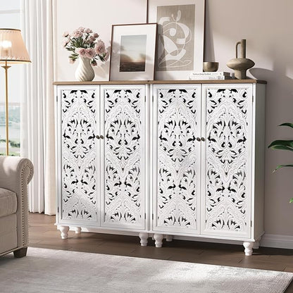 JOINICE 47" Accent Storage Cabinet with Carved Doors,White Buffet Cabinet with Solid Wood Legs & 100lbs Capacity, Farmhouse/Rustic/Boho Style for Living Room, Dining Room, Bedroom, Hallway, Study