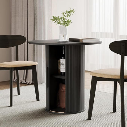31.5" Round Dining Table for 2-4, Modern Kitchen Table with 2-Tier Storage Shelf, Small Wooden Circle Dining Tables with Fluted Base for Home Dining Room Living Room (Black)