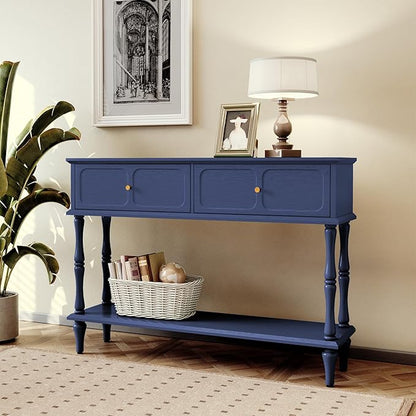 ARTPOWER Console Table with Drawers for Entryway, Mid-Century Entryway Table with Storage, Blue Narrow Entryway Table with Open Shelf Behind Sofa for Living Room, Foyer, Hallway