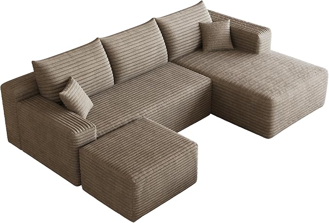 95" Cloud Boneless Sectional Sofa Couch with Chaise Lounge and Ottoman, Modern Corduroy Right Facing Modular Sectional Sofa Compressed Corner Couch with Deep Seat, No Assembly Required