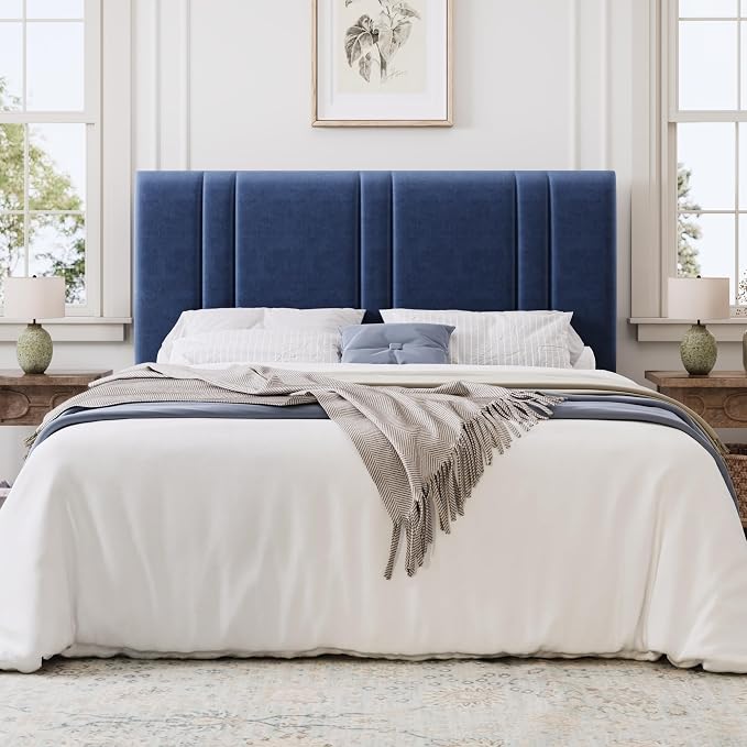 SHA CERLIN Queen Size Platform Bed Frame, Velvet Upholstered Bed with Adjustable Headboard, Vertical Channel Tufted Design, Sturdy Wood Slat Support, No Box Spring Needed, Easy Assembly, Dark Blue