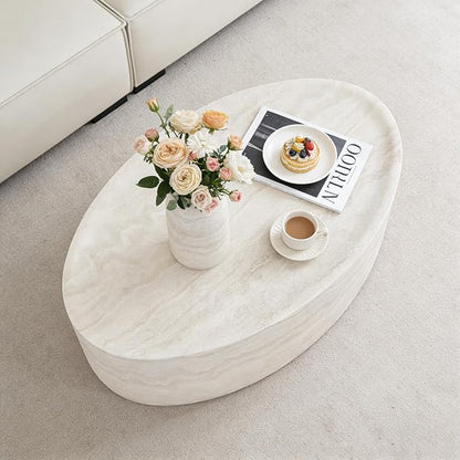 43.7" Oval Marble Coffee Table, Modern Round Coffee Tables, Faux Stone Center Tables, Small Accent Tea Table, Luxury Fiberglass Side End Table for Living Room Aparment Office, No Assembly