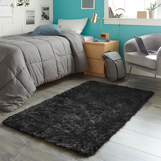 Ophanie 3x5 Black Rugs for College Dorm, Bedroom Small Area Rug, Non-Slip Fluffy Shaggy Bedside Soft Shag Fuzzy Plush Carpet for Kids Boys Teen Decor Aesthetic, Nursery with Over 99 pcs Pile fibers