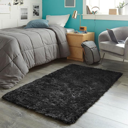 Ophanie 3x5 Black Rugs for College Dorm, Bedroom Small Area Rug, Non-Slip Fluffy Shaggy Bedside Soft Shag Fuzzy Plush Carpet for Kids Boys Teen Decor Aesthetic, Nursery with Over 99 pcs Pile fibers