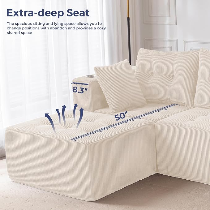 MAXYOYO Modular Sectional Sofa Couch, L Shaped Modern Cloud Couch with 1 Ottoman, Sofa in A Box, Tufted 4-Seat Boneless Chair for Living Room, No Assembly Required, Beige