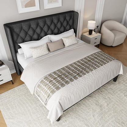 Einhomn King Size Platform Bed Frame with Upholstered Wingback Headboard, 12" Under Bed Space, Wooden & Metal Slats Support, No Box Spring Needed, Black