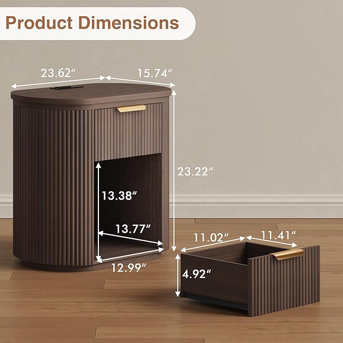 Fluted Nightstand with Charging Station, 23.6" Large Bedside Side Table with Drawer, Wood End Table with Storage, Curved Round Corner, Furniture Bedroom Sofa, Mid Century Modern, Vintage, Walnut