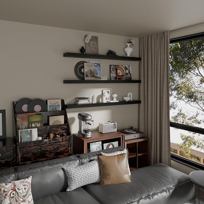 Floating Shelves for Wall, 60 Inch Extra Long Black Wall Shelves, Set of 3, Hanging Invisible Brackets Floating Shelves for Living Room,Bedroom,and Kitchen