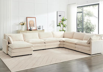ROWHY 150'' Modular Sectional Cloud Couch, 7 Seater Corner Sofa Big Comfy Corduroy V Shaped Couch with 4 Throw Pillows, Convertible Chaise, Ottoman, Couches for Living Room Office Beige