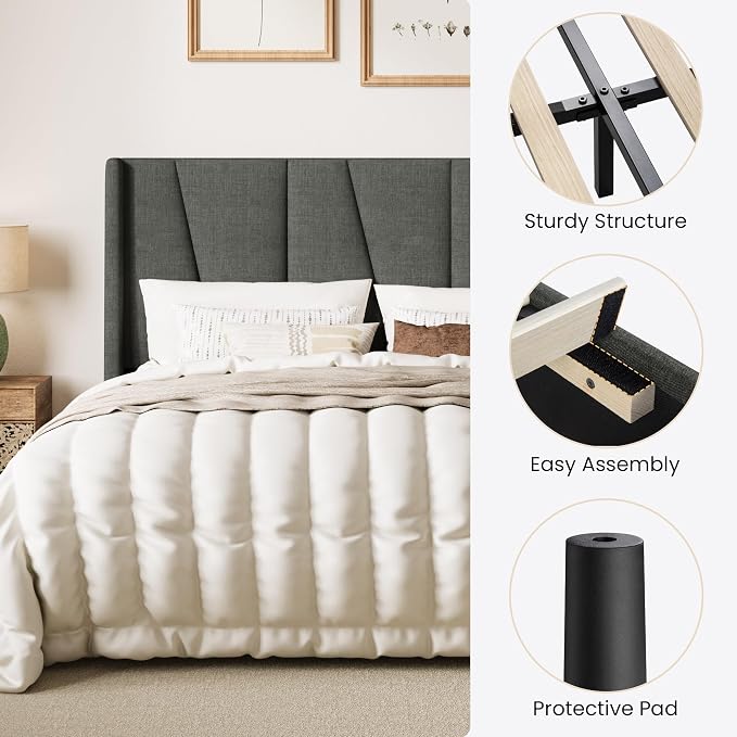 SHA CERLIN Full Size Bed Frame with Geometric Wingback Headboard, Upholstered Platform Bed with Wooden Slats Support, 8" Under-Bed Space, No Box Spring Needed, Easy Assembly, Grey