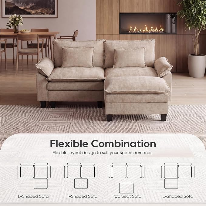 URRED Oversized Modular Sectional Sofa, 87" L Shaped Modern Comfy Cloud Couch with Movable Ottoman & Pillows, Deep Seat Couches for Living Room, Bedroom or Apartment (Chenille Khaki, 87" L Shaped)