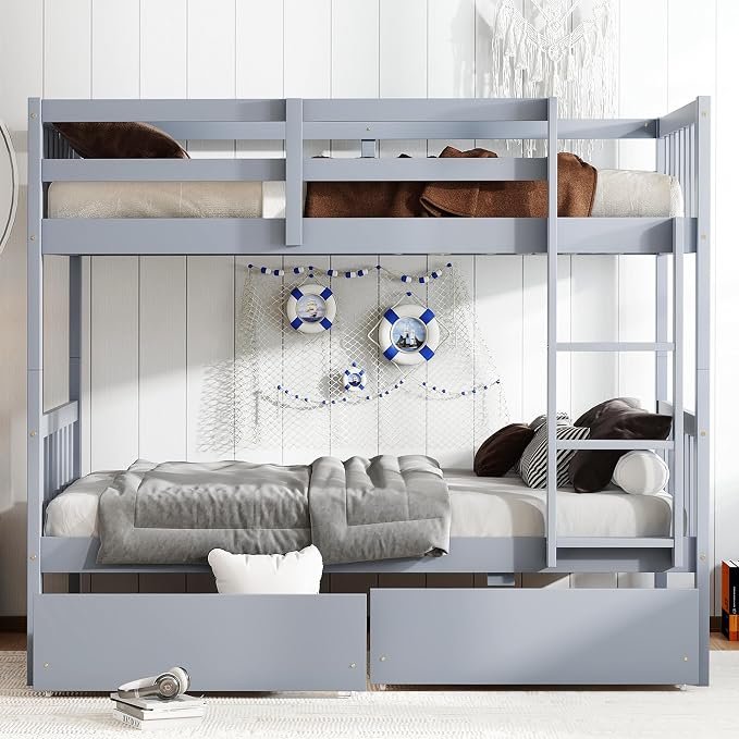 Harper & Bright Designs Twin Over Twin Bunk Bed with 2 Drawers, Convertible into 2 Twin Beds, Twin Bunk Bed with Ladder and Safety Guardrails, Gray