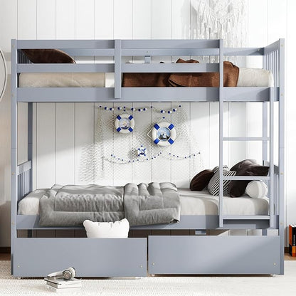 Harper & Bright Designs Twin Over Twin Bunk Bed with 2 Drawers, Convertible into 2 Twin Beds, Twin Bunk Bed with Ladder and Safety Guardrails, Gray