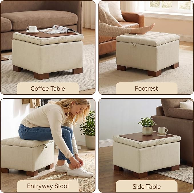 24 Inch Square Storage Ottoman Coffee Table, Modern Tufted Upholstered Ottoman with Flip Tray and Solid Wood Legs, Suitable for Living Rooms, Linen Khaki