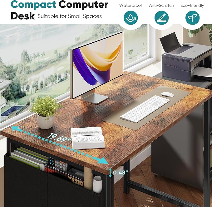 OLIXIS Small Computer Desk, 40 Inch Home Office Desks, Writing Study Craft Work Gaming Table, Computer Workstation for Bedroom Small Spaces with Storage Bag, Rustic Brown