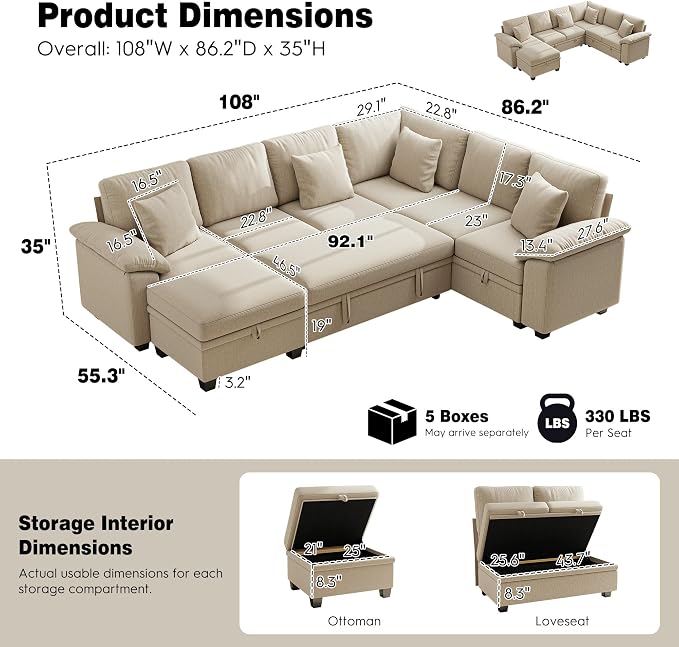 Ihanherry 108" Modular Sectional Sofa with Pull Out Bed, 6-Seater U Shaped Sectional Sleeper Couch with Storage Ottoman, Chenille Convertible Couches for Living Room, Apartment (Sand)