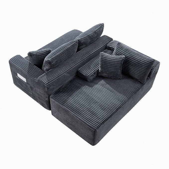106-Inch Oversized U-Shaped Left Facing Corner Compressed Sofa Modular Boneless Cloud Sectional Sofa Floor Foam Couch W/Chaise & Ottoman, Corduroy Corner Boneless Cloud Couch