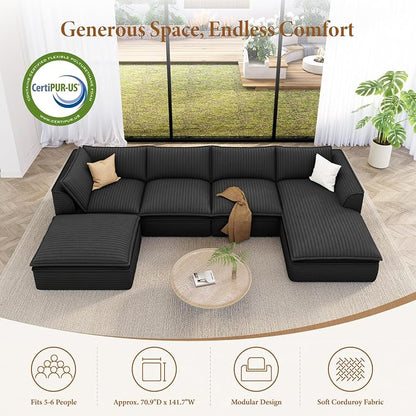 Vesgantti 141.7" U Shaped Sectional Boneless Couch, Modern 6 Seater Modular Sofa with Chaise & Ottoman, Deep Seat Plush Corduroy Cloud Couches for Living Room, No Assembly Required, Dark Gray