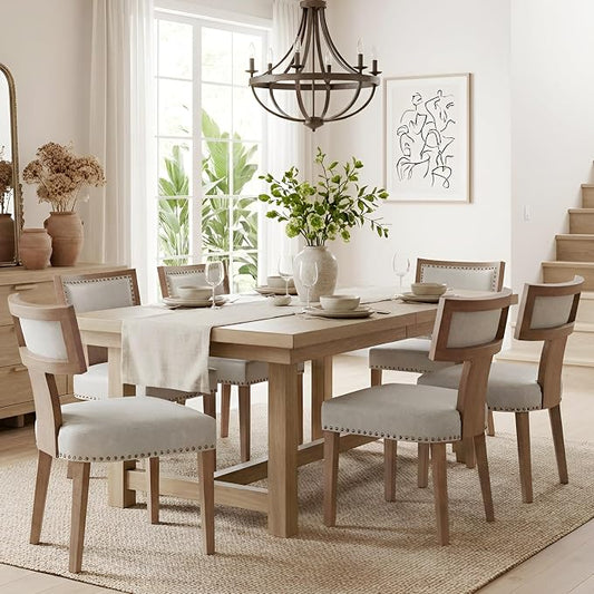 HNY Mid Century Modern Dining Chairs Set of 6, Farmhouse PU Leather Upholstered Accent Chairs Curved Nailhead Trim Backrest Kitchen Chairs, with Hardwood Frame, Grey