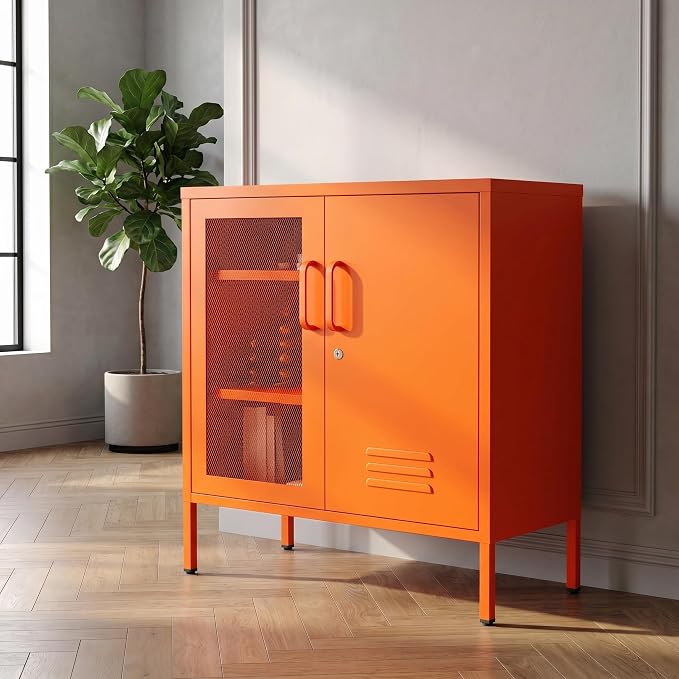 Locking Steel Storage Cabinet Shoe Cabinet for Living Room Bathroom Kitchen Left Wire Mesh Door Right Iron Door Orange Size：33" H x 29.5" W x 13.8" D