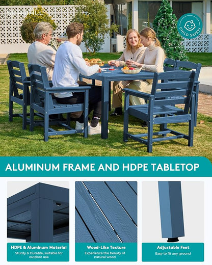 SERWALL HDPE and Aluminum Outdoor Dining Set for 8, Blue | 60" - 83" Expandable Outdoor Dining Table and 8 HDPE Chairs, All Weather Outdoor Furniture Set