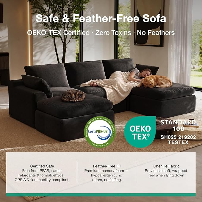 Novilla 133.8" Modular Cloud Couch, Modern Sectional Sofa with Smarts Coil® Support, Chenille Fabric, Upholstered Couch for Living Room Apartments Bedroom, No Assembly, 6 Seater, Dark Grey