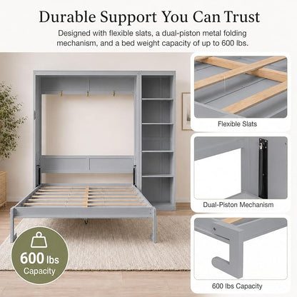 Queen Murphy Bed Cabinet with Storage, Wall Bed with Five-Layer Cabinet, Murphy Cabinet Hidden Bed, Space Saving Cabinet Bed with Dual Piston Mechanism for Apartment, Guest Room, Office (Gray 5)