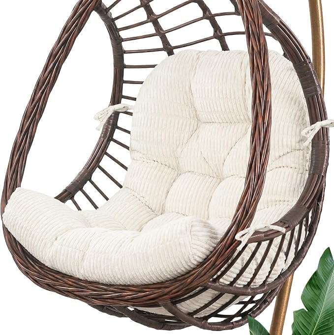idee-home Egg Chair Cushion Replacement, Tufted Hanging Egg Chair Cushions | Oversized Wicker Swing Cushion with Corduroy Cover for Indoor Hammock Basket Chair, Beige (Chair Not Included), 48x32 Inch