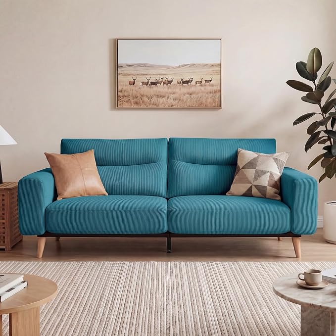 Claiks 81" Oversized Loveseat Sofa, Mid Century Modern Couch for Living Room, Bedroom & Apartment, Corduroy Upholstered 2-3 Seater Sofa with Sturdy Metal Frame, Easy Assembly, Blue