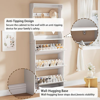 Shoe Storage Cabinet, Wood Shoe Organizer for Entryway with 3 Flip Drawers, Freestanding Shoe Rack with Adjustable Shelf, Narrow Shoe Dresser for Front Door Entrance (White, Tall 3 Drawers)