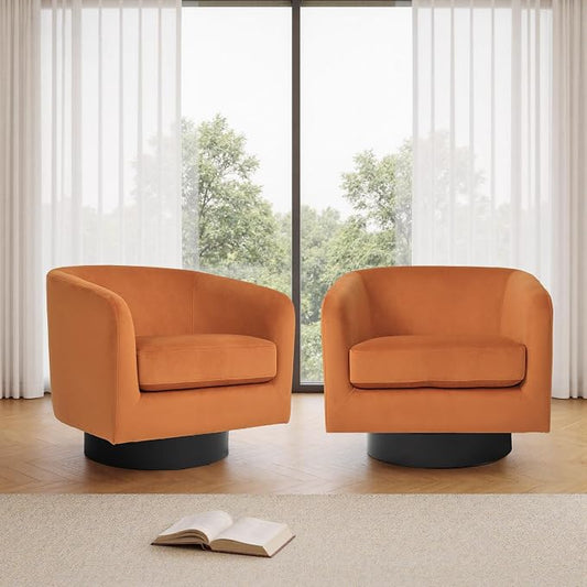 Swivel Barrel Accent Chairs Set of 2, Velvet Upholstered Armchair Modern Round Club Arm Chair for Living Room, Comfy Single Sofa Seating Bedroom Side Reading Seat for Home Office - Orange
