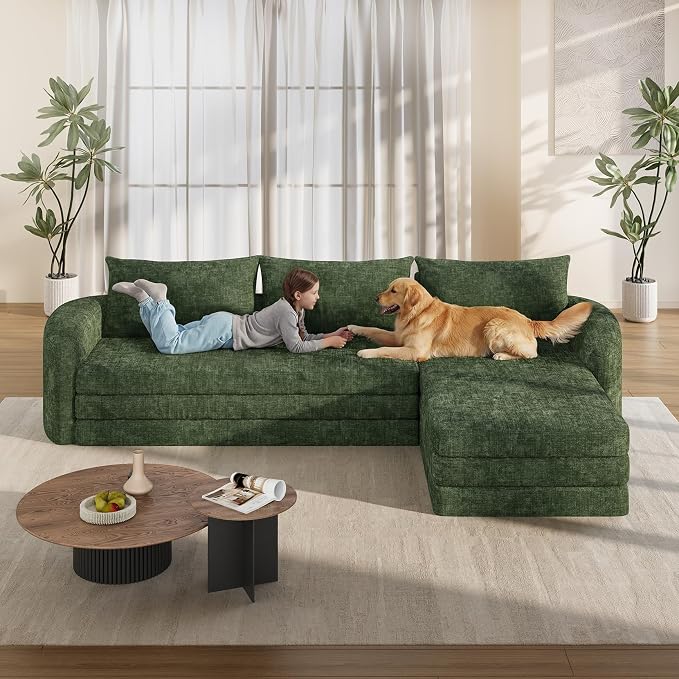 Vesgantti 6 in 1 Convertible Folding Sleeper Sofa Bed, 110.2" Boneless Sectional Couch with Curved Armrest, Chenille Modular Sofa for Living Room, No Assembly Required, Green, Right Facing Chaise