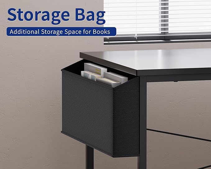 Pamray 47 Inch Reversible L Shaped Gaming Desk Corner Computer Desk with Storage Bag Home Office Table for Writing Study Grey