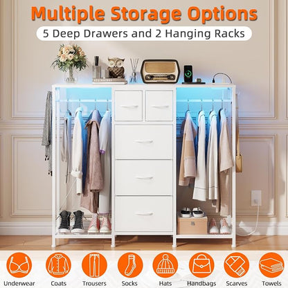 HIGDBFE 5-Drawer Dresser with 2 Hanging Racks, White, 49.2" W | LED Lights&Charging Station, Hooks, Wooden Top, Fabric Drawer, Dresser TV Stand for Bedroom, Dorm