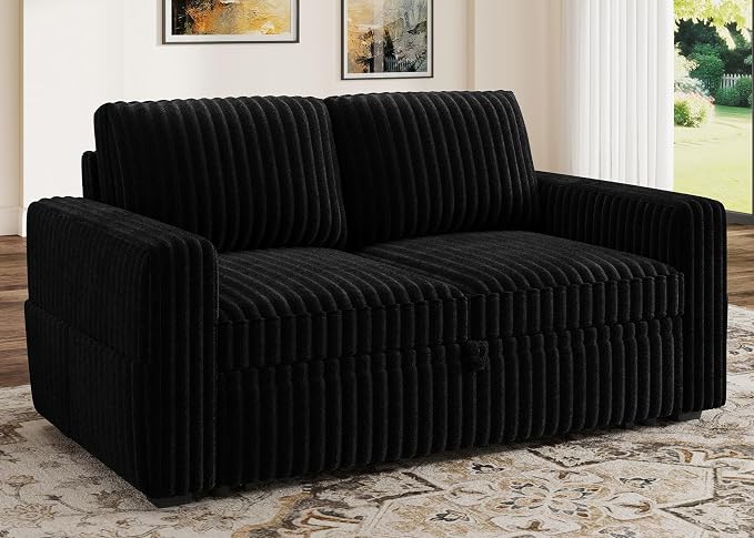 HONBAY Modular Pull Out Sofa Bed,Corduroy Loveseat, Couches for Living Room,Black
