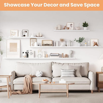 upsimples Floating Shelves for Wall, 47.3 Inch Shelves for Decor Storage Set of 6, Wall Mounted Wood Shelf for Bedroom, Living Room, Bathroom, Kitchen, Long Picture Ledge Shelves, White