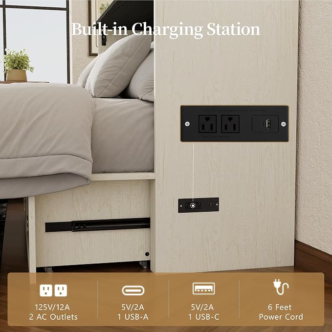 Ihanherry Full Murphy Bed with Storage Drawer, Farmhouse Cabinet Bed with LED Lights & Charging Station, Space Saving Wall Bed for Small Bedroom/Home Office, Noise Free & Easy Assembly, Rustic White