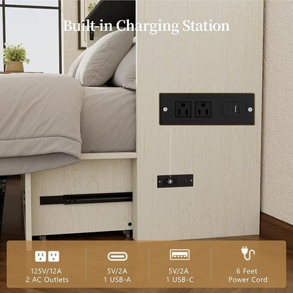 Ihanherry Full Murphy Bed with Storage Drawer, Farmhouse Cabinet Bed with LED Lights & Charging Station, Space Saving Wall Bed for Small Bedroom/Home Office, Noise Free & Easy Assembly, Rustic White