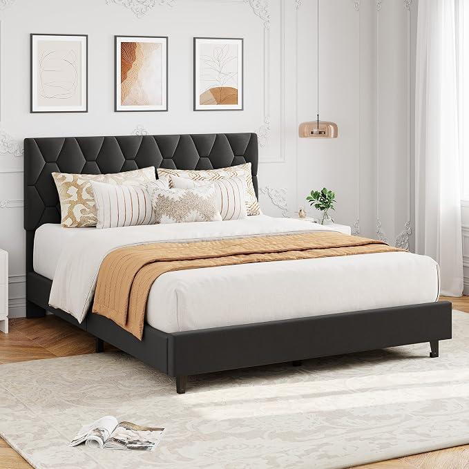 GAOMON Grey Full Bed Frame with Upholstered Headboard,Heavy-Duty Platform Bed Frame with Strong Wood Slats, No Box Spring Needed/Easy Assembly/Noise Free