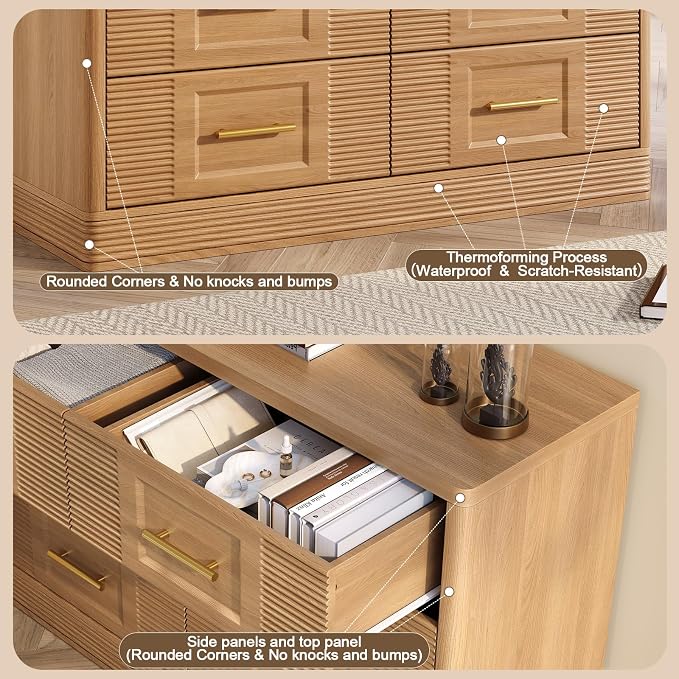 RECHHX Farmhouse 6 Drawers Dresser for Bedroom, 47.2" Wide Large Modern Chest of Drawers, Wooden Thermoformed Curved Dresser Organizer for Bedroom, Living Room, Natural Oak